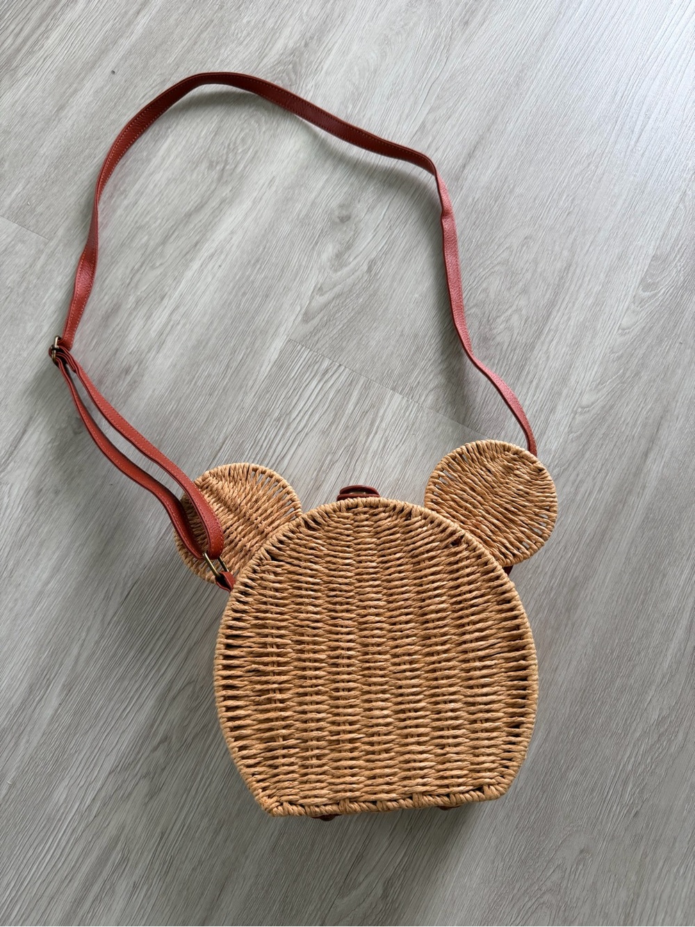Woven Rattan Mickey Mouse-Ear Crossbody Bag in Brown